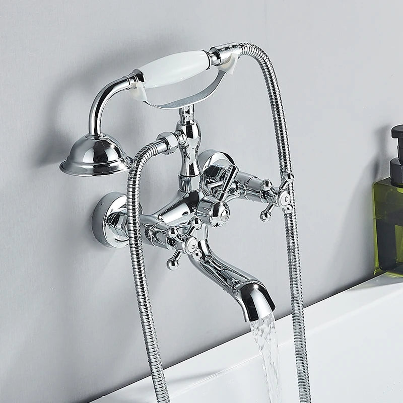 Retro Antique Brass Black Bronze Bathtub Shower Faucets Set Dual Knobs Mixer Tap Wall Mounted Bath Shower Set Swivel Tub Spout