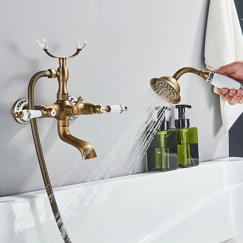 Retro Antique Brass Black Bronze Bathtub Shower Faucets Set Dual Knobs Mixer Tap Wall Mounted Bath Shower Set Swivel Tub Spout