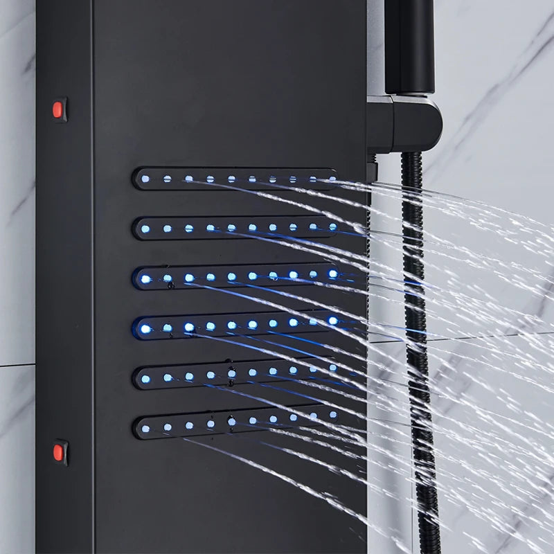 Black LED Shower Panel Tower System Rain Waterfall Shower Column Hydroelectricity Massage Body Spa Bath Shower Faucet Mixer