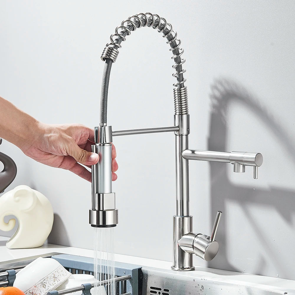 Matte Black Removable Gourmet Kitchen Faucet Double Spout Rotatable Deck Mount Single Handle Cold Hot Water Mixer Kitchen Crane