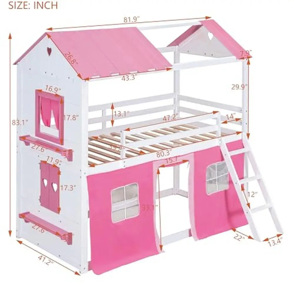 Kids Loft Bunk Bed House Twin with Tent Ladders