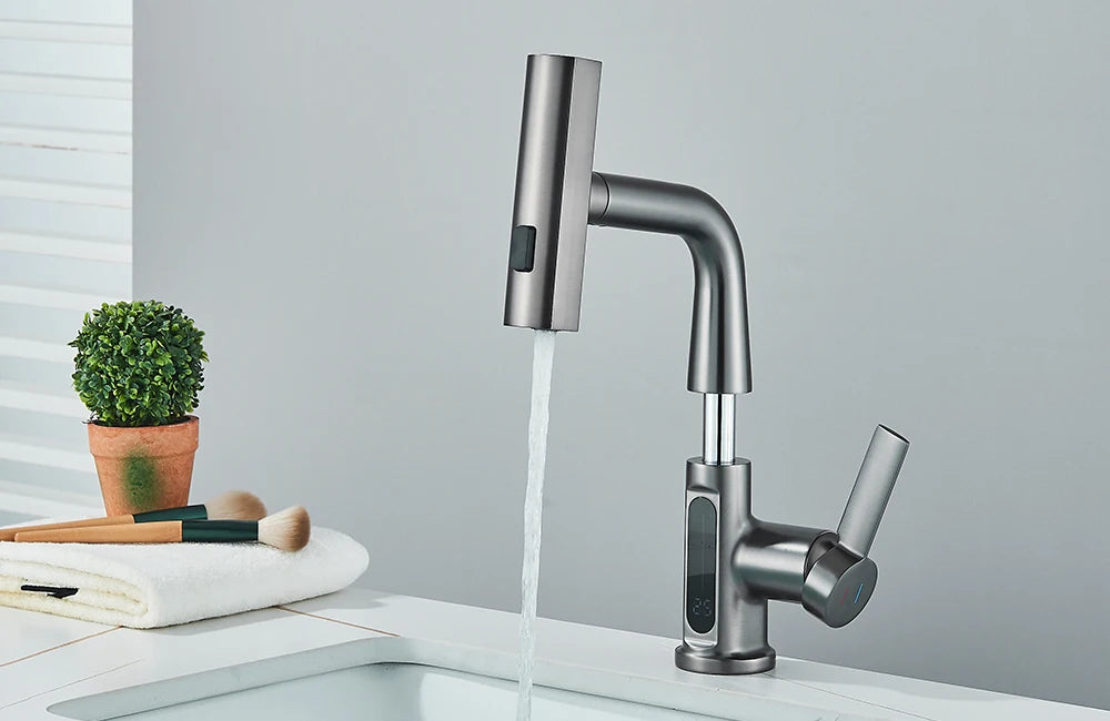 Waterfall Temperature Digital Display Basin Faucet Lift Up Down Stream Sprayer Hot Cold Water Sink Mixer Wash Tap For Bathroom