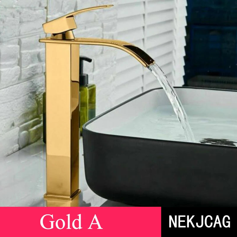 Matte Black Basin Faucet Waterfall Washbasin Vanity Above Counter Sink Faucet Hot & Cold Mixer Tap Deck Mounted Bathroom Crane