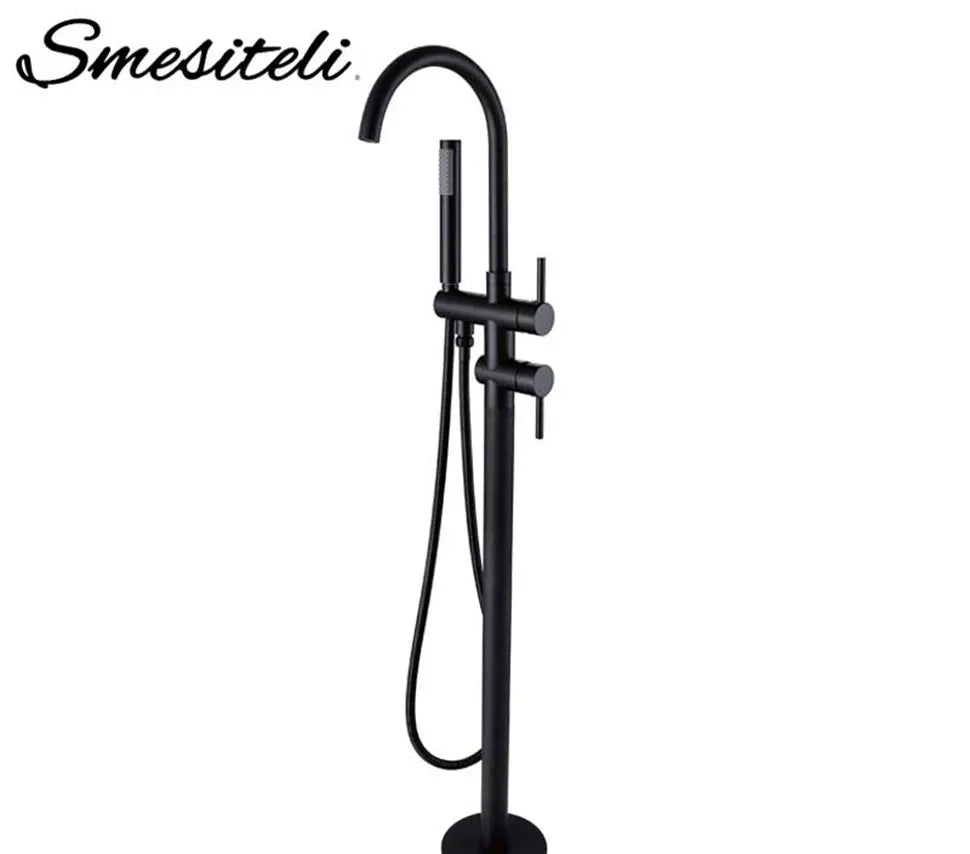Matte Black Freestanding Bathtub Faucet 2 Ways Spout & Hand Shower Diverter Floor Mounted Bathtub Mixer Hot & Cold Bathroom Tap