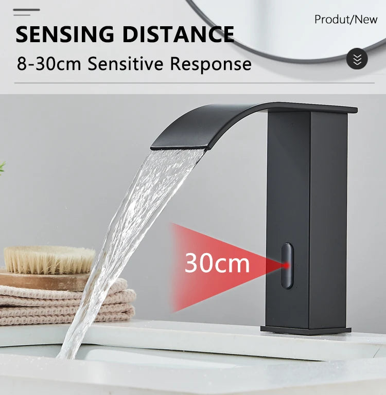 Shinesia Black Bathroom Faucet Deck Mounted Automatic Sensor Water Mixer Crane Free Touch Sink Tap Bathroom Sink Faucets
