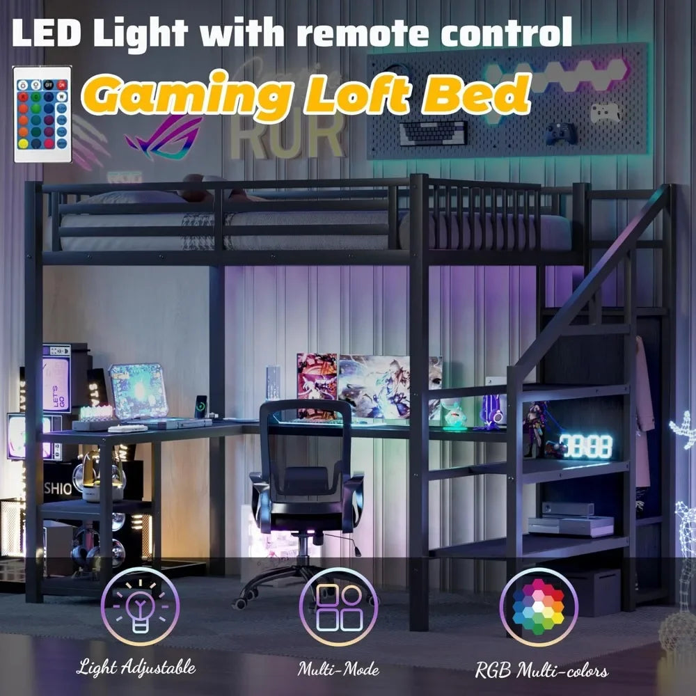 Full Size Loft Bed with Stairs and Desk Metal Loft Bed with LED Light and Charging Station