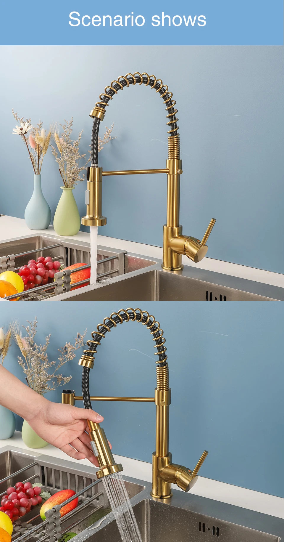 Brass Pull Out Spring Kitchen Faucet Kitchen Sink Mixer 360 Degree Rotating Stream Sprayer Nozzle Mixer Hot Cold Water Crane tap
