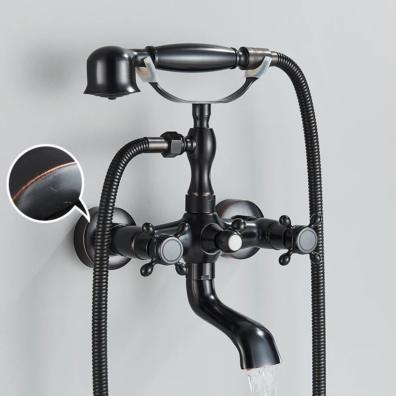 Retro Antique Brass Black Bronze Bathtub Shower Faucets Set Dual Knobs Mixer Tap Wall Mounted Bath Shower Set Swivel Tub Spout