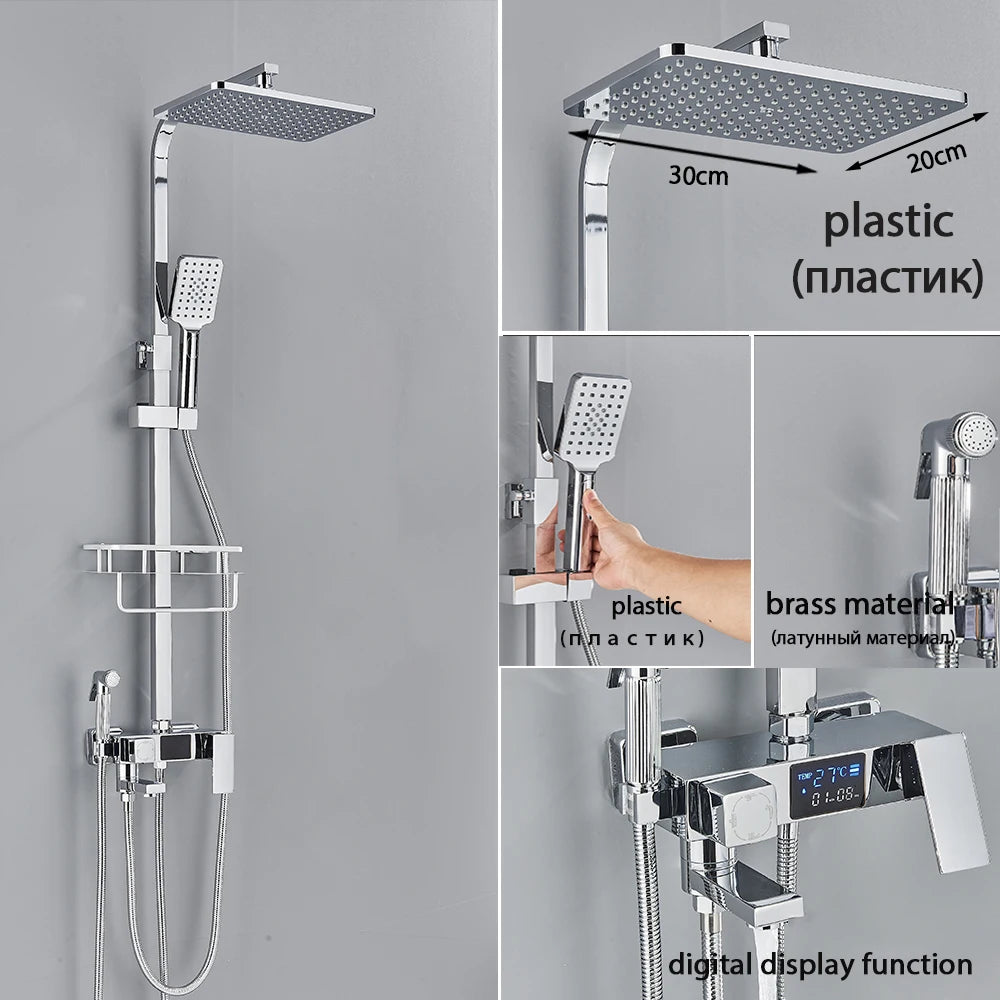 Black Smart Thermostatic Shower Faucet Set Bathroom Intelligent Rainfall Digital Mixer Tap With Rack and Bidet Bath System