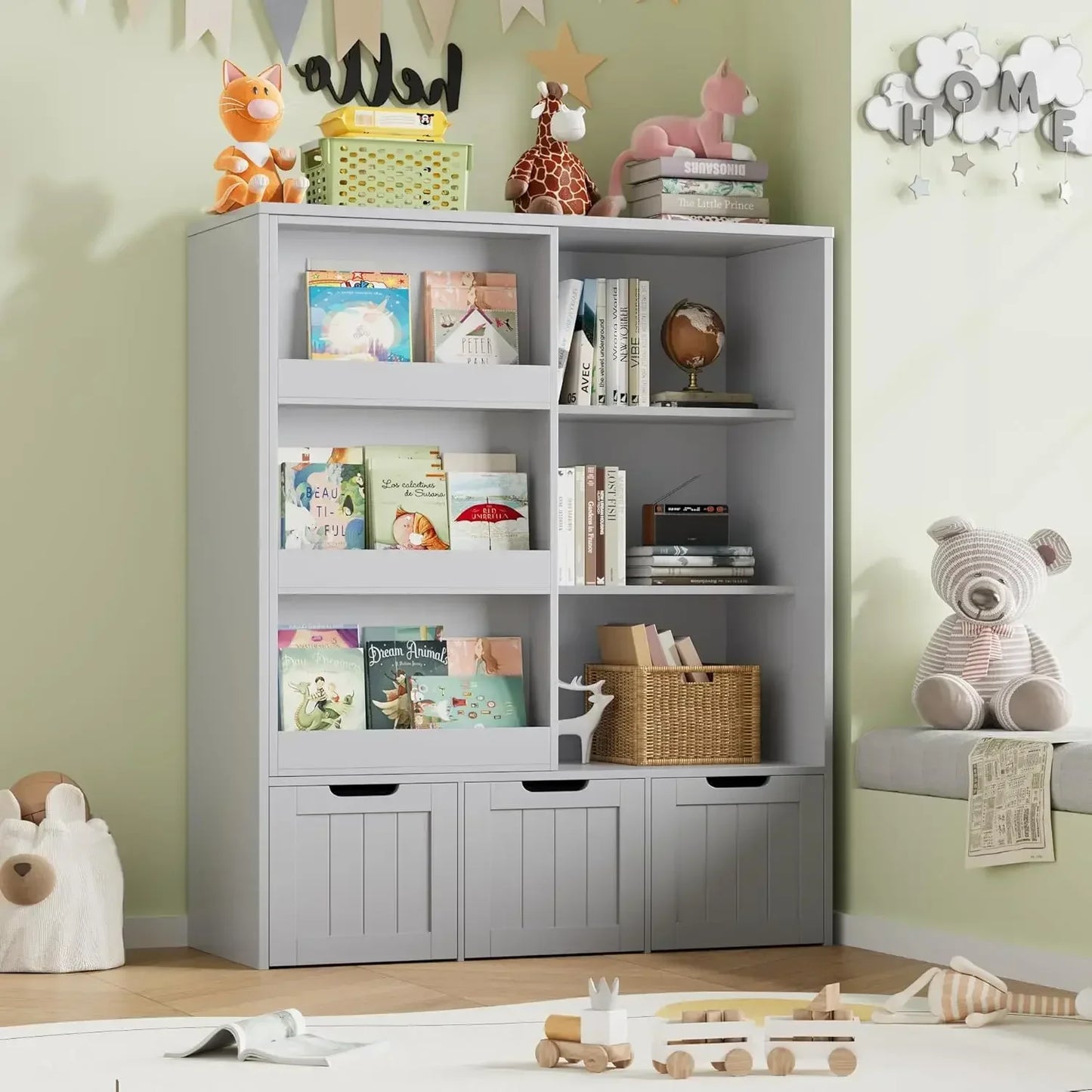 Toy Storage Organizer with Sliding Book Shelf