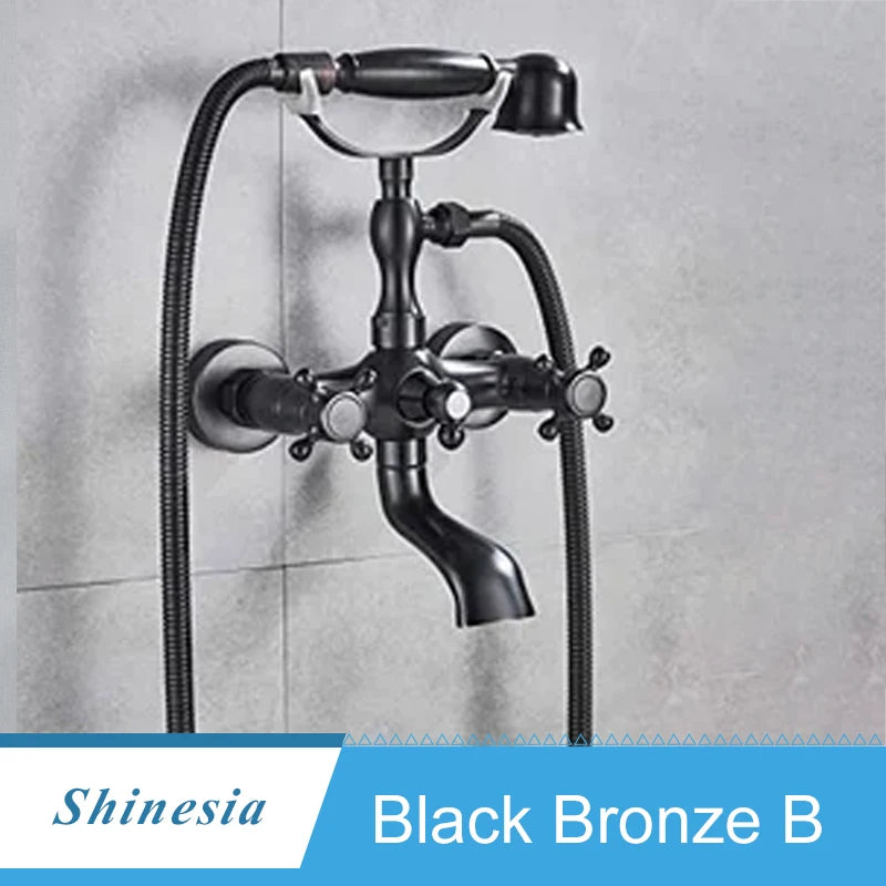 Shinesia Antique Brass Bathtub Shower Faucets Set Wall Mounted Bathroom Faucet With Shower Golden Bath Mixer