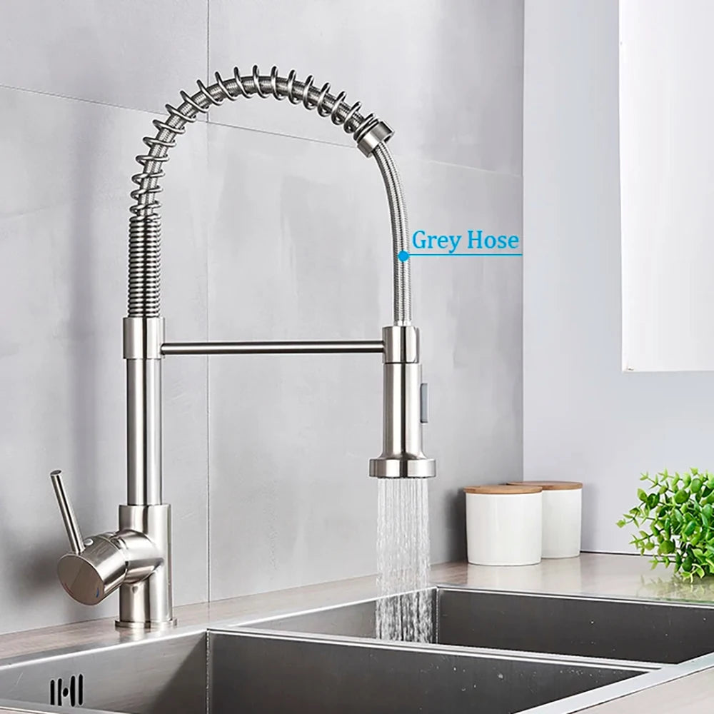 Spring Brushed Nickel Kitchen Faucet Deck Mounted Mixer Tap 360 Degree Rotation Stream Sprayer Nozzle Kitchen Sink Hot Cold Taps