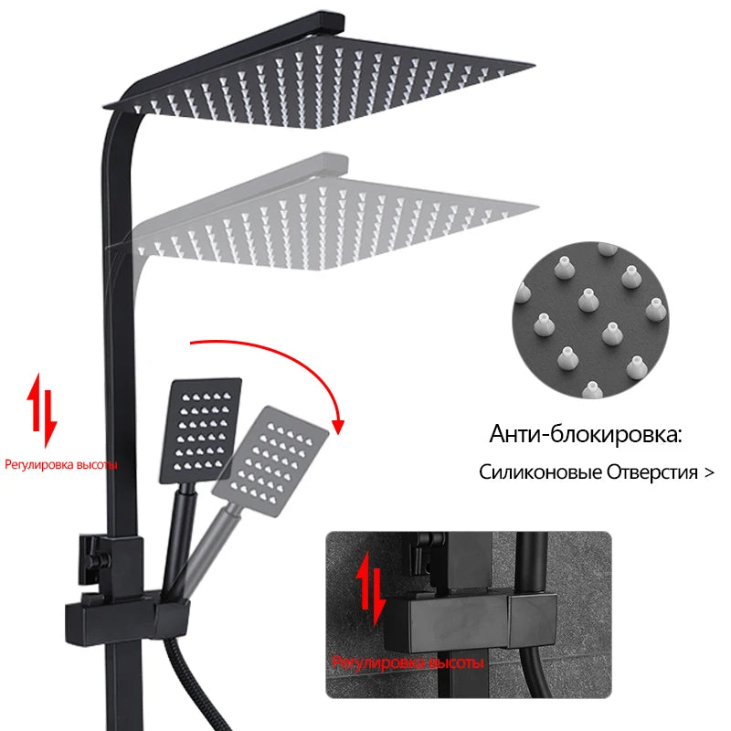 Brass Shower Faucet Thermostatic,Shower Syetem,30cm Spray Head, Digital Display LED,Bathroom Faucet,Black/Chrome