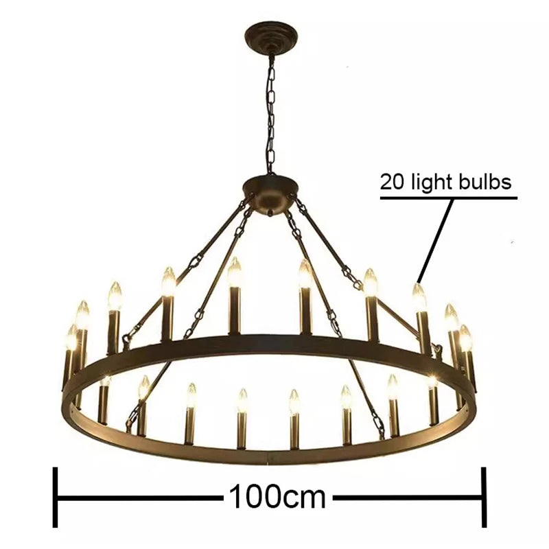 America Retro Industrial Iron Round Led Pendant Black Metallic Hanging Living Room Cafe Restaurant Decoration Suspend Chandelier