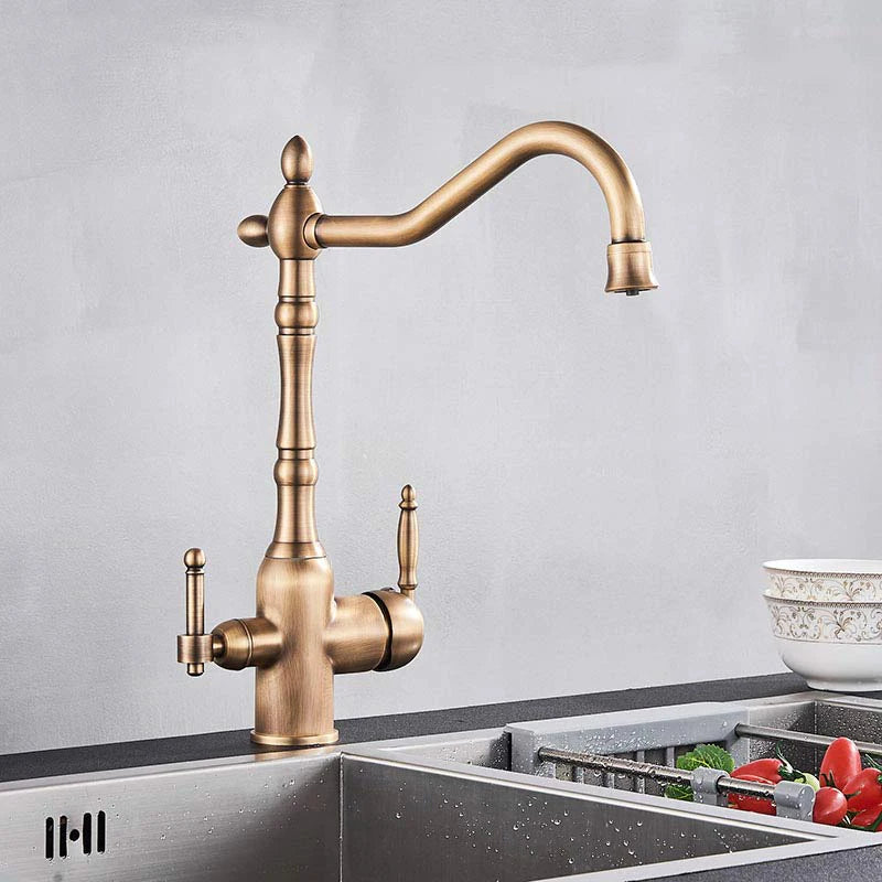 Golden Kitchen Filter Faucet Brass 360 Rotation Purification Kitchen Faucet Double Handle Dual Water Mode Hot Cold Mixer Taps