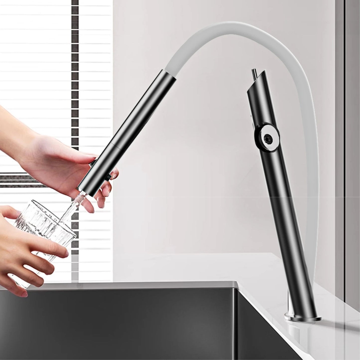 AITANA luxury brass black kitchen faucet with pull-out design, dual control magnetic suction for cold & hot 2-function sink Tap