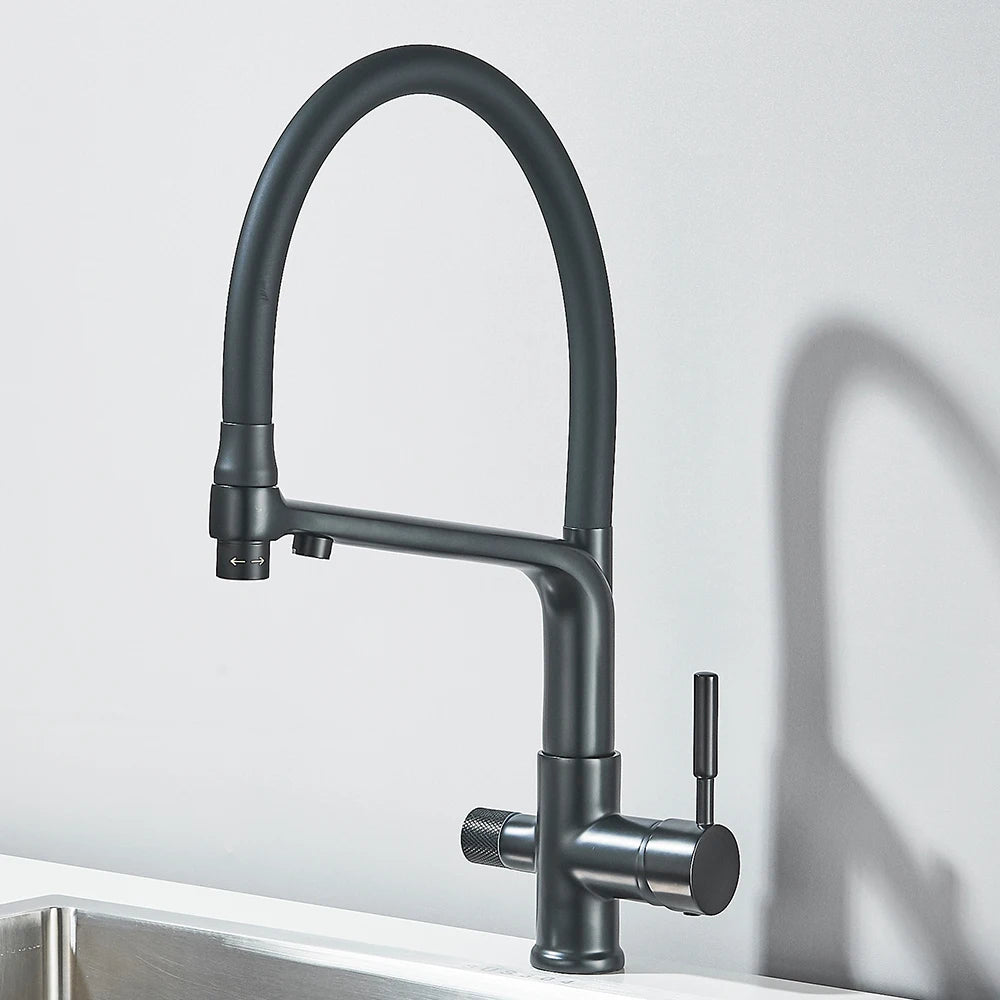 Brushed Gold Kitchen Faucet Filtered Water Dual Spout Purification Feature Kitchen Tap 360 Rotation Water Crane For Kitchen