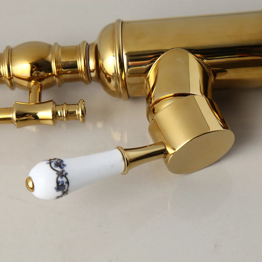 Golden Spring Pull Down Kitchen Sink Faucet Hot & Cold Mixer Crane Tap with Dual Spout Deck Mounted Hot Cold Faucets