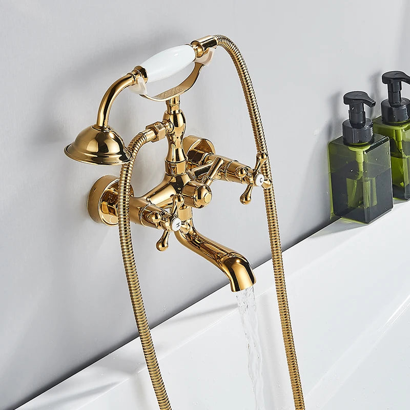 Retro Antique Brass Black Bronze Bathtub Shower Faucets Set Dual Knobs Mixer Tap Wall Mounted Bath Shower Set Swivel Tub Spout