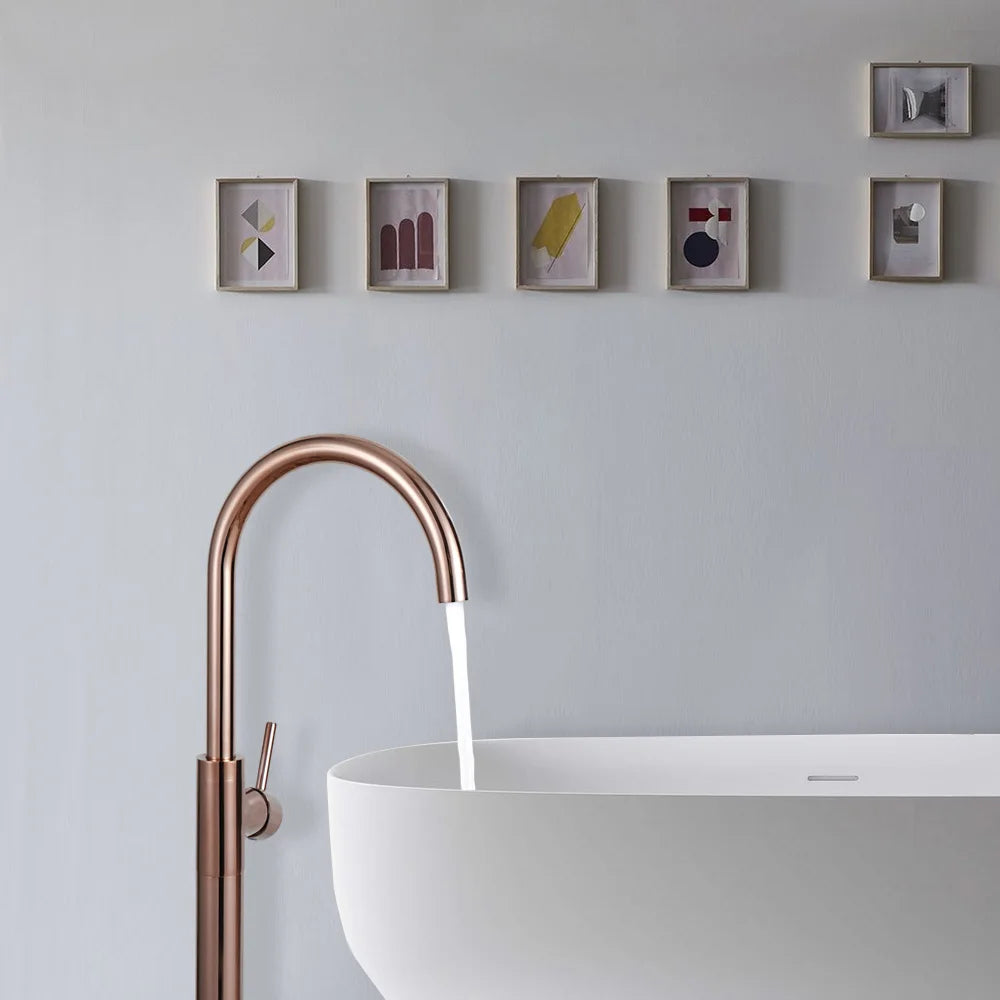 Bathroom Bathtub Floor Stand Faucet Rose Gold Mixer Single Handle Tap 360 Rotation Spout With Brass Hand Hot &Cold Water Shower