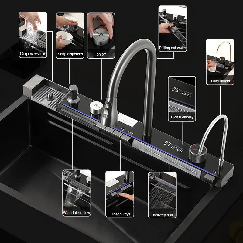304 Stainless Steel Kitchen Sink Faucet Set Rainfall Spout Pull Out Sprayer Pure Tap Cold Hot Water Mixer Multifunctional Kitchen