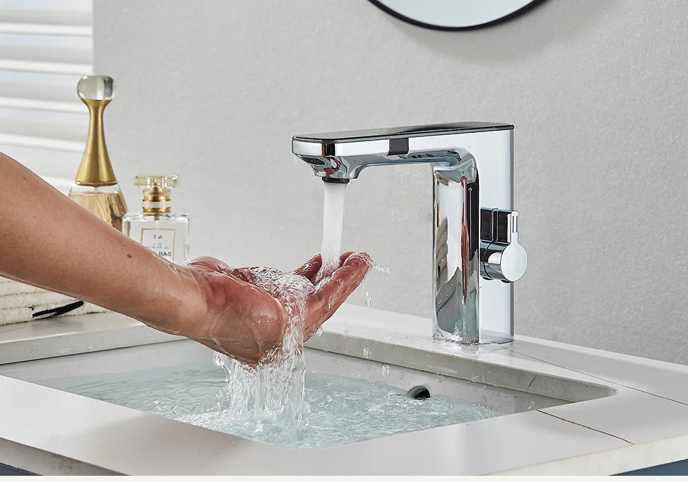Touchless Sensor Basin Faucet Brass Smart Digital Display Bathroom Sink Faucet Grey Sense Hot Cold Water Mixer Tap Battery Power