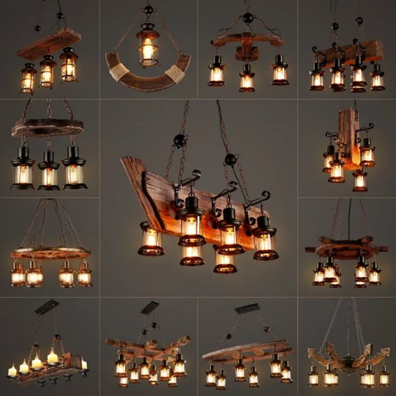 Antique Industry Vintage Wood E27 LED Ceiling Chandelier