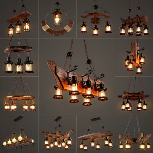 Antique Industry Vintage Wood E27 LED Ceiling Chandelier