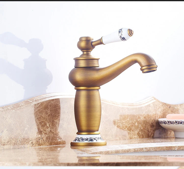 Retro European Bathroom Basin Faucets Gold Mixer Tap Ceramic Decoration Plating Chrome Single Handle Hot And Cold Deck Mounted
