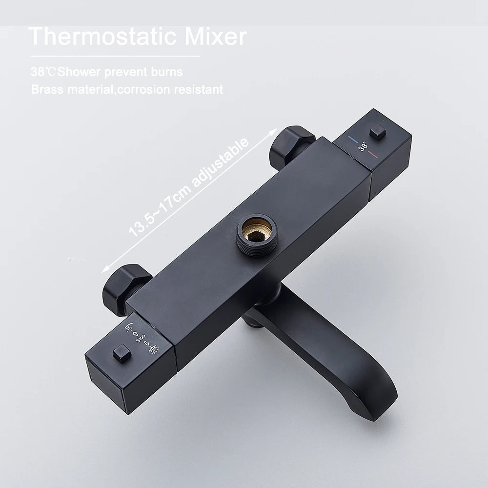 Black Thermostatic Shower Faucet Set 38℃ Rainfall Shower Mixer Crane Multifunctional Bathroom Faucet Bathtub Tap With Shelf