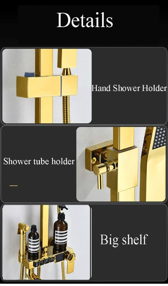 Gold Digital Shower Set Quality Brass Hot Cold Bathroom Shower Faucets Tap Rain Shower Head Golden Thermostatic Shower System