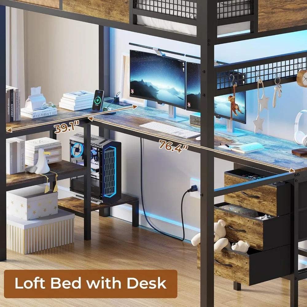 Loft Bed with L-Shaped Desk LED Lights & Charging Station