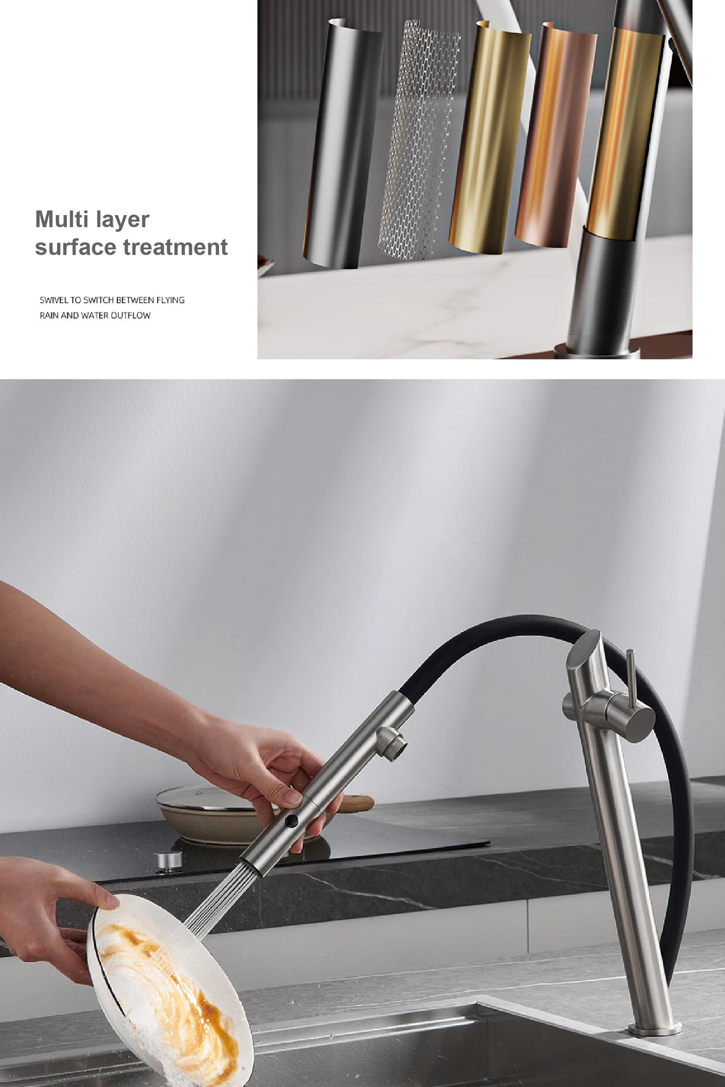 AITANA luxury brass black kitchen faucet with pull-out design, dual control magnetic suction for cold & hot 2-function sink Tap
