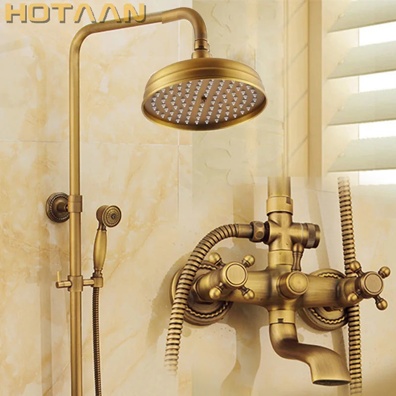 Antique Brass Wall Mounted Mixer Valve Rainfall Shower Faucet Complete Sets + 8" Brass Shower Head + Hand Shower + Hose YT-5317A