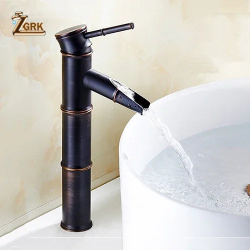 ZGRK Black Waterfall Bathroom Sink Faucet Vessel Tall Bamboo Water Tap Retro Brass Basin Faucets Single Hole Sink Mixer Tap