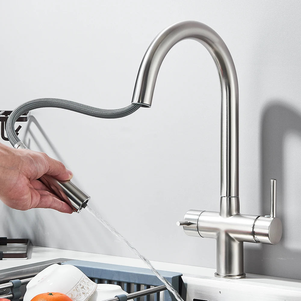 Filtered Kitchen Sink Faucet With Retractable Sprayer Brass Water Filter Tap Drinking Water Tap Vessel Sink Mixer For Kitchen