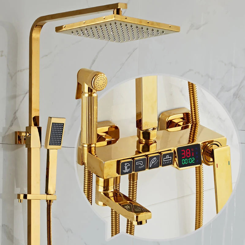 Gold Digital Shower Set Quality Brass Hot Cold Bathroom Shower Faucets Tap Rain Shower Head Golden Thermostatic Shower System