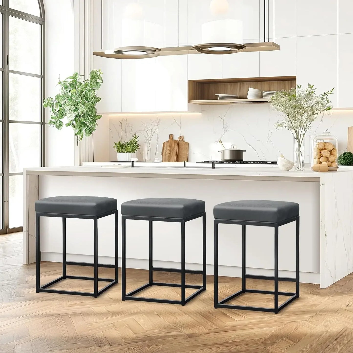 Black Counter Height 24" Bar Stools Kitchen Counter Backless Modern Square Barstools Upholstered Faux Leather Stools