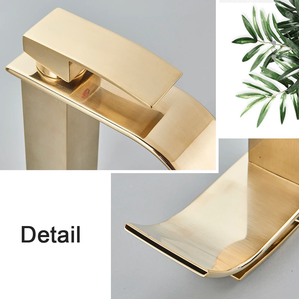 Brushed Gold Basin Sink Faucet Waterfall Outlet Vanity Hot Cold Mixer Tap Deck Mount Taps Washbasin Faucet for Bathroom