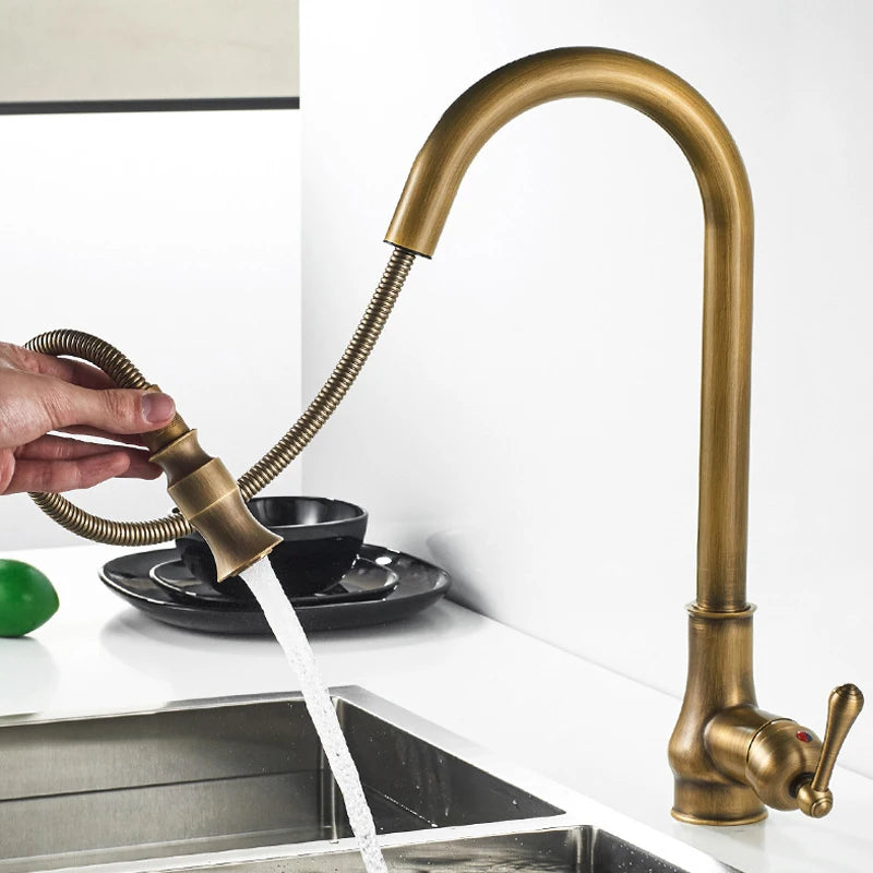 Hotaan Antique Brass  Kitchen Faucet Single Hole Pull Out Spout Copper Kitchen Sink Mixer Tap with Stream Sprayer Head