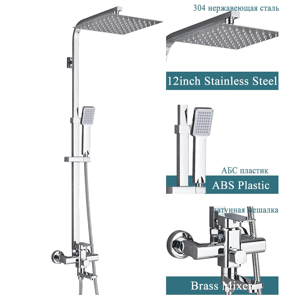 Matte Black Rainfall Shower Faucet Set 8 Inch Showerhead High Pressure Stainless Steel Bathtub Rotate Spout Bath Shower Mixer