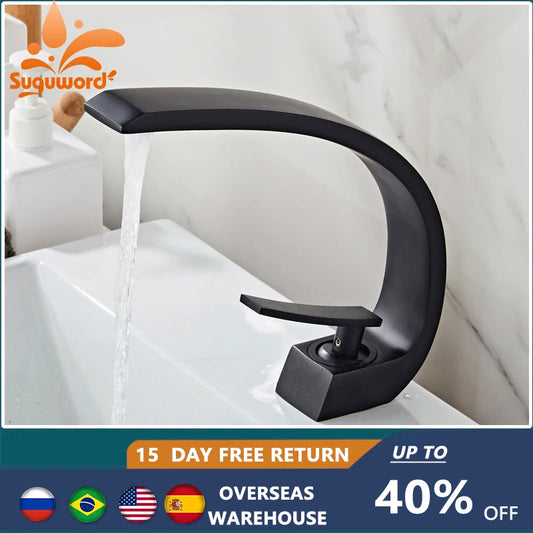 Bathroom Basin Faucet Arc Waterfall Tap Deck Mount Single Handle Single Hole Cold Hot Water Mixer Washing Sink Crane
