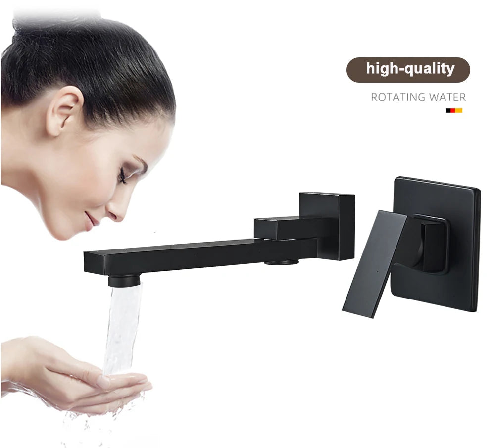 Matte Black Rotate Spout Basin Faucet Wall Mounted Bathroom Hot & Cold Water Mixer Tap Concealed Install Washing Crane Faucets