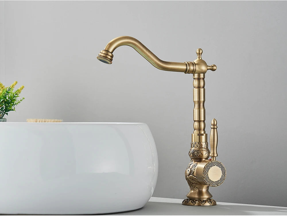 POIQIHY Basin Faucets Antique Brass Faucet Basin Carving Tap Rotation Single Handle Tap  Mixer Taps Bathroom Vessel Sink Faucet