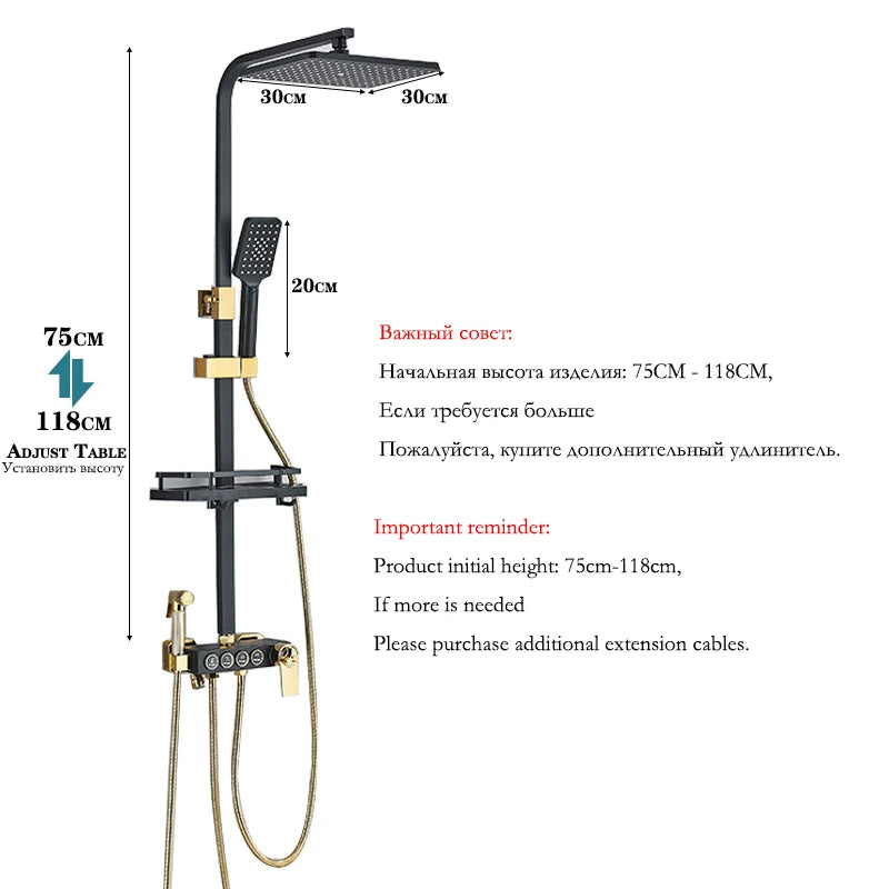 Black Gold Brass  Rainfall Shower Faucet Set Stainless Steel Liftable Shower Hot Cold Mixed Water Bathtub Mixer System