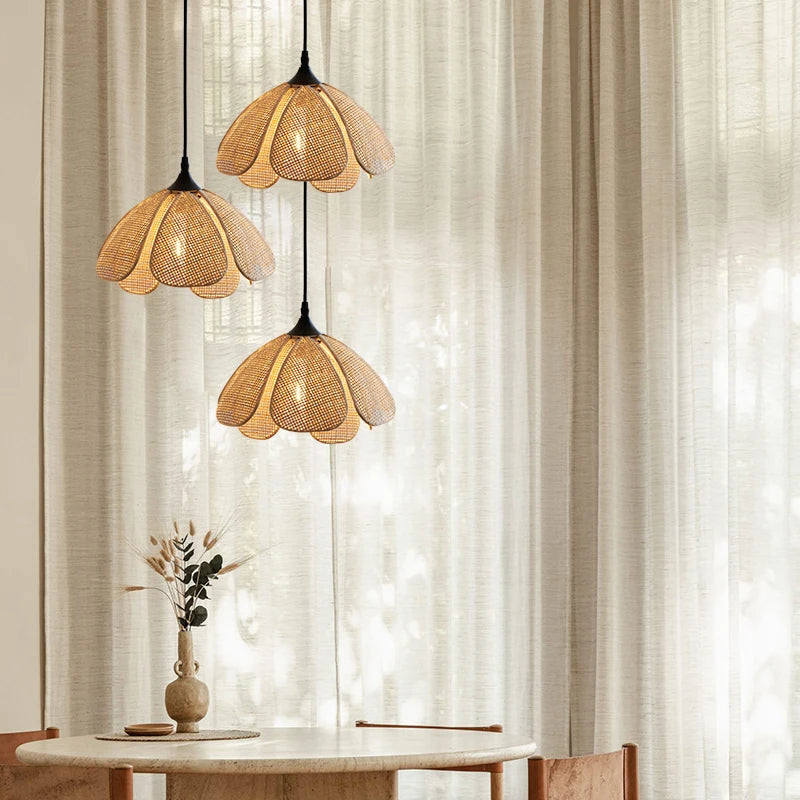 IWHD Rattan Wicker Petal LED Pendant Lights Fixtures Home Indoor Decor Bedroom Dining Living Room Light Japanese Style Hanglamp
