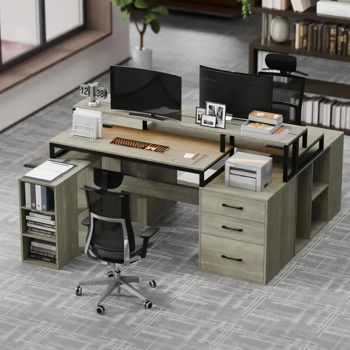 L Shaped Computer Desk with 3 Drawers, 65.7" Large Desk with LED Lights and Power Outlet