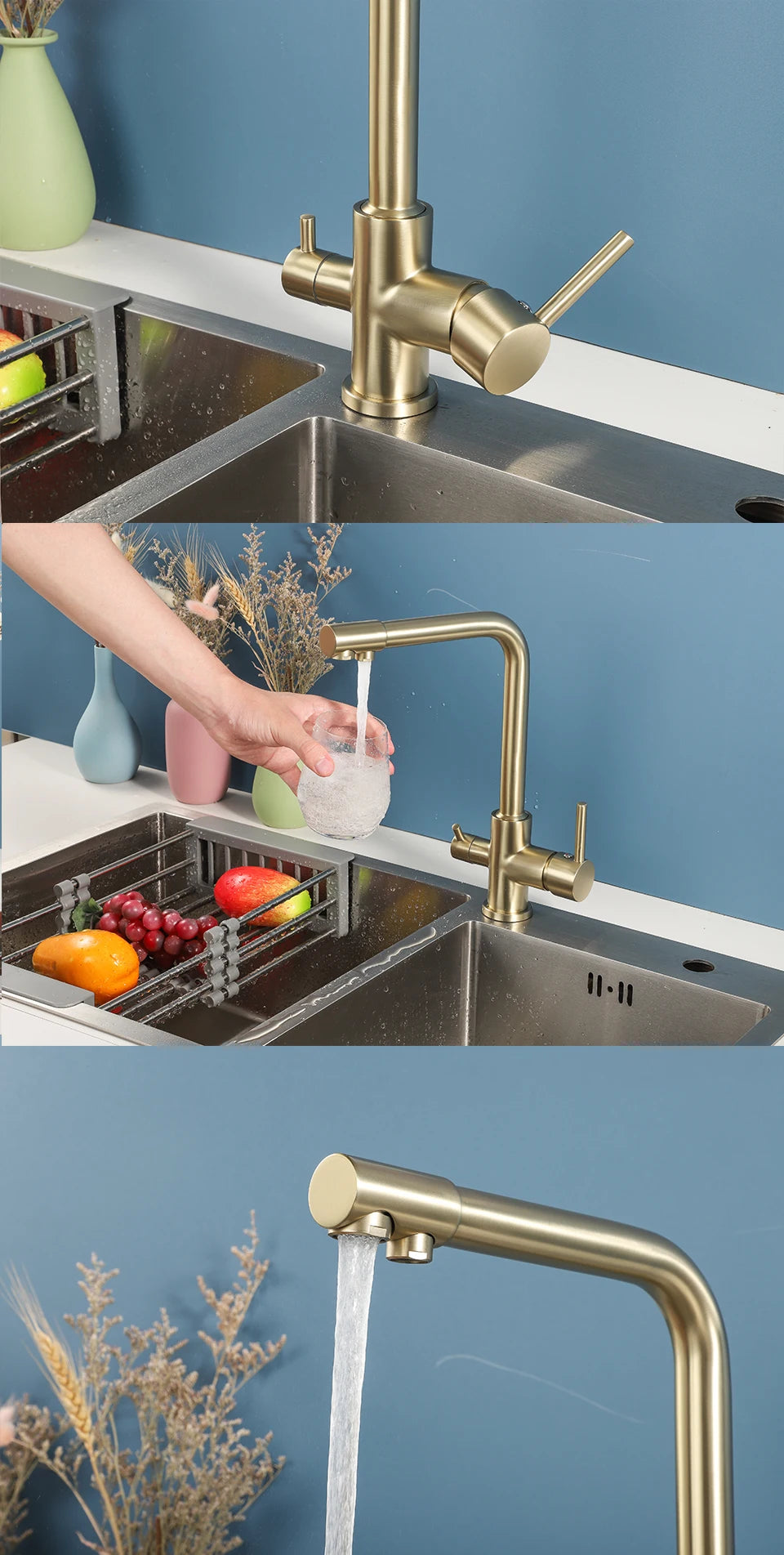 ULA Filtered Kitchen Faucet Gold Purifier Faucet Dual Sprayer Drinking Water Mixer Tap Nozzle Brass Kitchen Sink Mixer Torneira