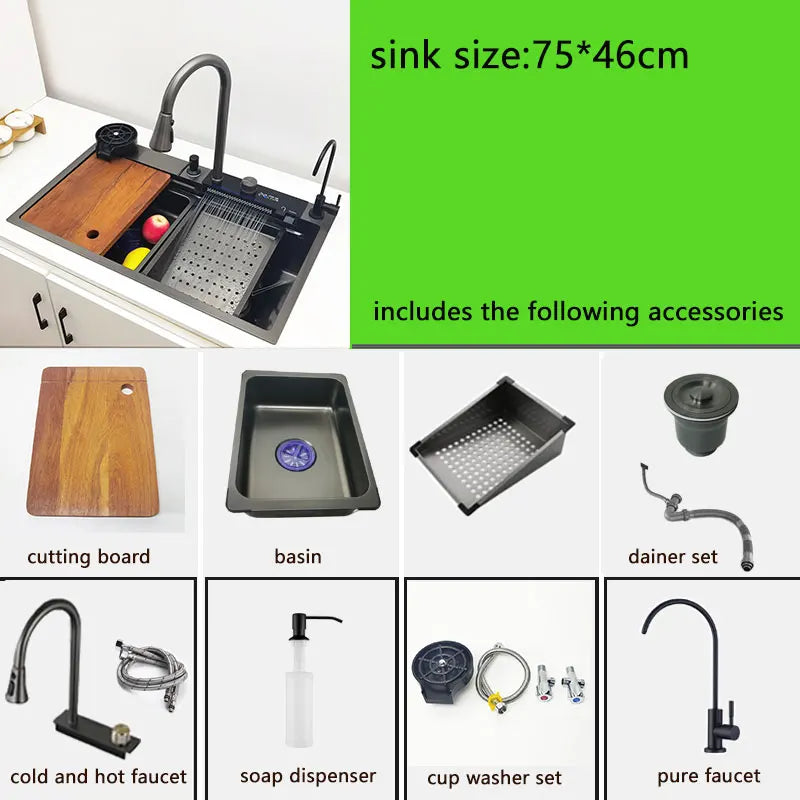 Waterfall Kitchen Sink 304 Stainless Steel Sink Large Single basin With Multifunction LED Waterfall Faucet Above Counter