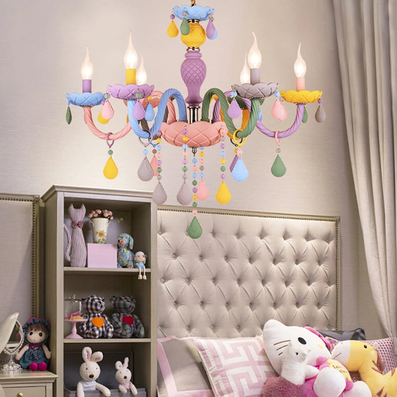 Modern Romantic Rainbow Crystal Chandelier European Candle lustres Children's Makaron Girl Princess Pendant Lamps Light Fixtures